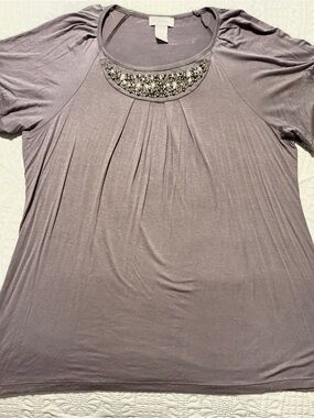 K Jordan Gray Short-Sleeve Scoop Neck Top with Beaded Yoke